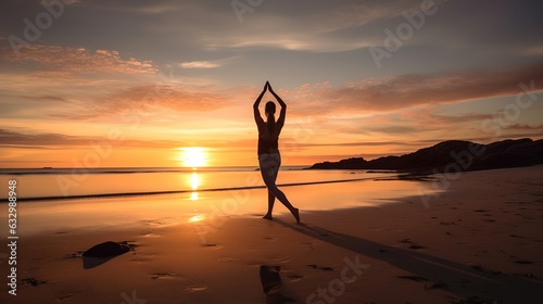 A peaceful yoga session on a serene beach at sunset