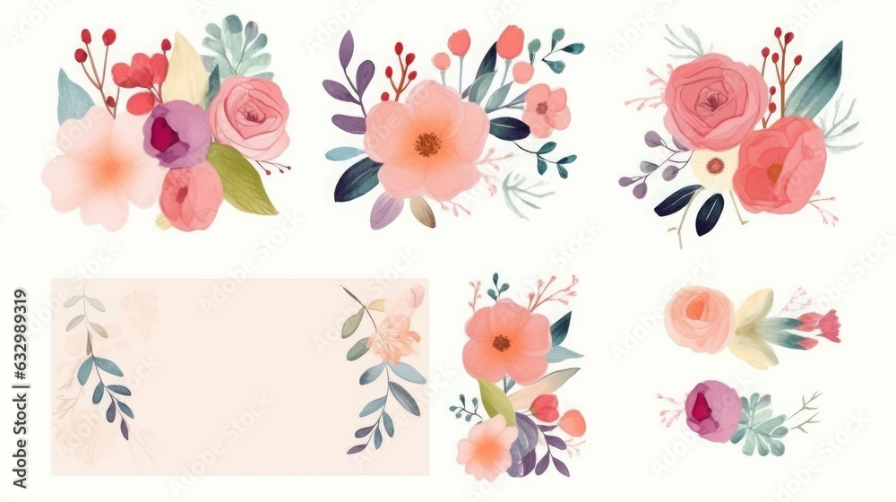 Beautiful romantic floral collection with flowers, leaves, floral bouquets, flower compositions. Save the Date cards, Generative AI