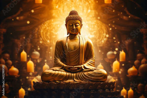 Radiant Serenity  Golden Buddha Statue Illuminated by Divine Light