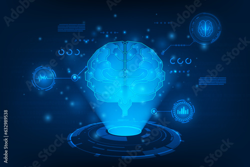 Vector holograme brain with medical healthcare. Technology graphic of MRI scan interface.