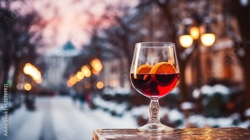 Generative AI  a glass glass with hot mulled wine on the background of a snowy European city  a Christmas drink  a New Year s city  a festive atmosphere