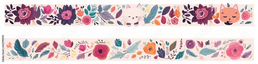 Beautiful romantic floral collection with cat,  flowers, leaves, floral bouquets, flower compositions, Generative AI