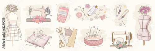 Vector sketch sewing retro set. Collection of highly detailed hand drawn mannequin and sewing tools isolated on background