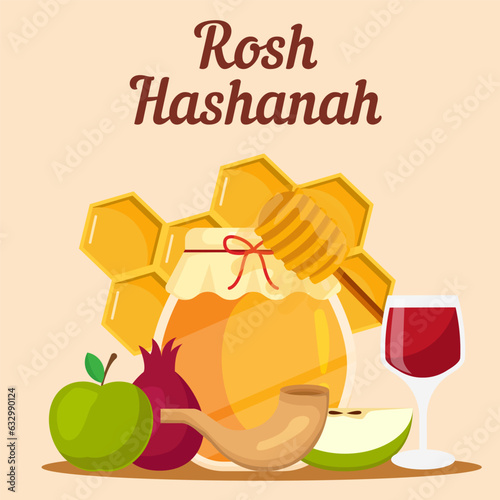 vector flat design rosh hashanah illustration with apple, pomegranate, and honey