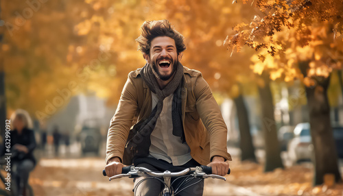 Young handsome man riding bicycle on autumn street © terra.incognita