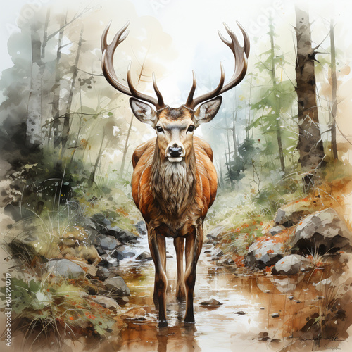 a stag standing in the grass, in the style of watercolor realistic paint. © Avalga