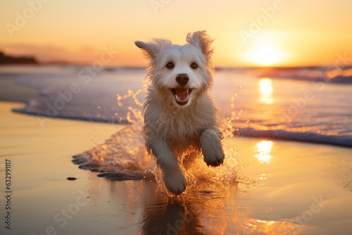 White dog dashing across the sandy shore as the sun sets in a spectacular burst of colors. Ai generated