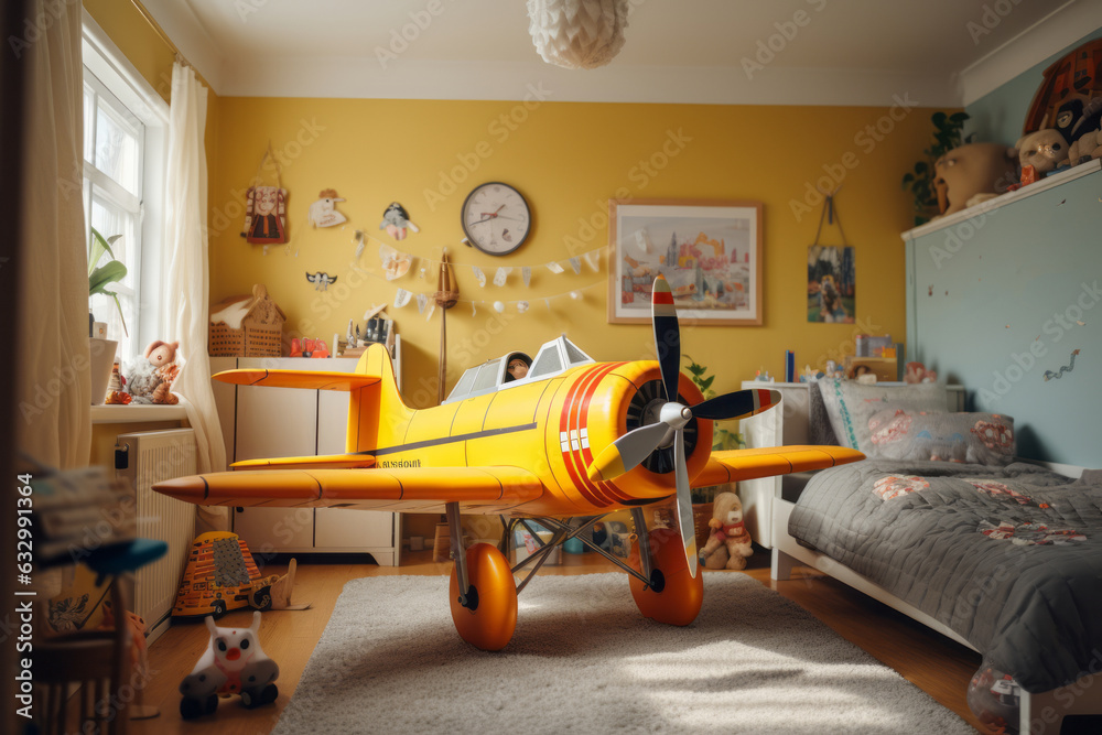 A large yellow toy airplane stands in the middle of the children's room. Concept of childhood. Playing piloting. Generative AI.