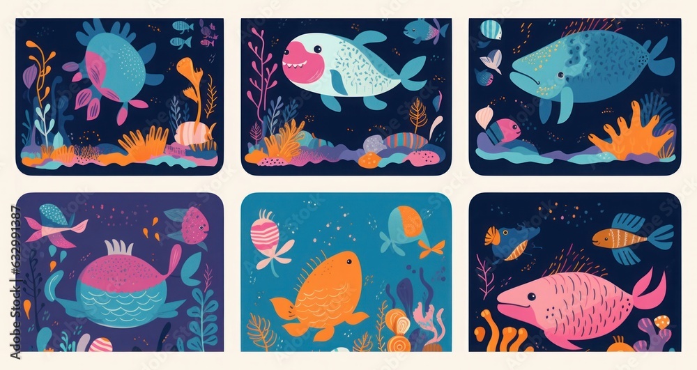 Big colourful collection wit cute funny cards on marine life theme. Underwater world cards for kids design.  illustrations with sea turtle, whale, fishes, Generative AI