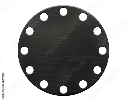 Realistic vector illustration of round black blind rubber gasket with a dozen of small circular holes. A technical product for the insulation of pipelines and cars in flanged connections