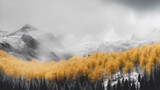 Black and white mountain and forest landscape in the background and beautiful yellow trees in the foreground. Created with Generative AI technology.