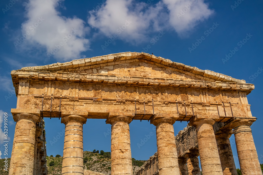 View of the tympanum of the ancient temple of Segesta, Sicily, Italy View of the tympanum of the ancient temple of Segesta, Sicily, Italy