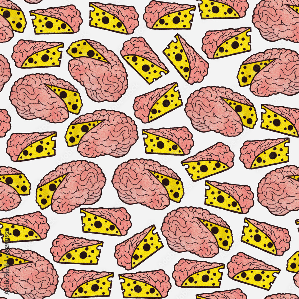 Seamless pattern consisting of isolated watercolor drawings of a brain in the form of a cheese wheel with a piece cut off (in pink and yellow). Seamless pattern consisting of isolated watercolor drawings of a brain in the form of a cheese wheel with a piece cut off (in pink and yellow).