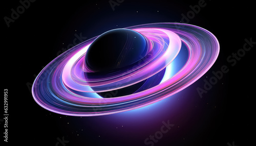 abstract symbol of the planet saturn in geometric shape with neon light, glowing ultraviolet rings
