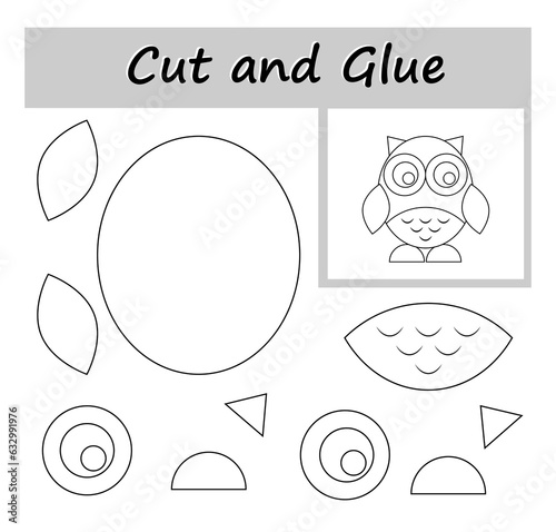 DIY worksheet. Color, cut parts of the image and glue on the paper. Cartoon owl.