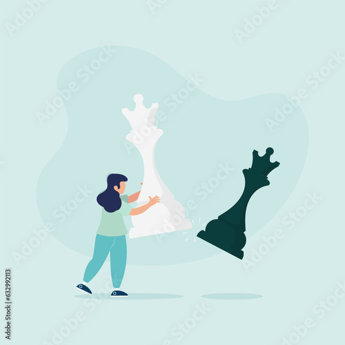 Business plan and strategy concept - businesswoman moves a giant chess piece against another chess piece. Vector flat style illustration.
