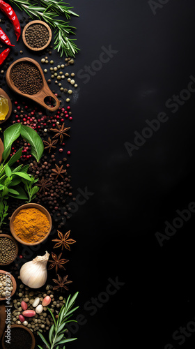 Top View Wide Variety Spices and Herbs on Background of Black Table