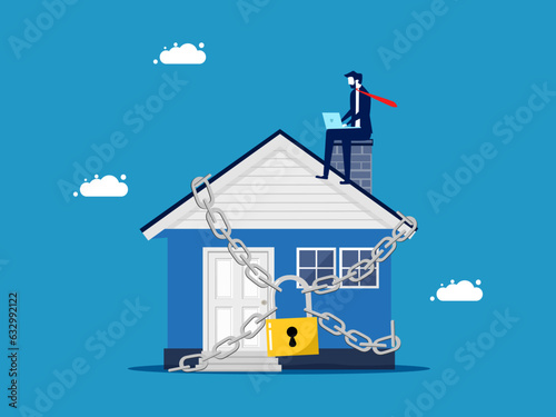Protect home and property. Businessman and house locked with padlock vector