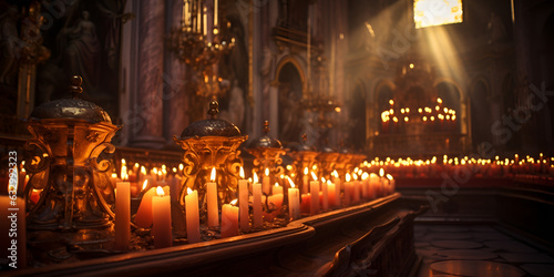 Row of red candle lights at altar in cathedral candles in church A lot of burning candles with shallow depth of field in the orthodox church, religion concept