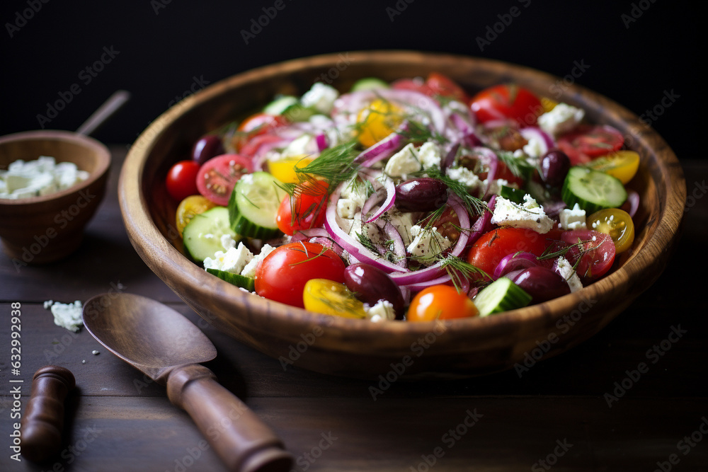 Greek salad, artistically arranged in a bowl atop a rustic wooden tabletop. Ai generated Greek salad, artistically arranged in a bowl atop a rustic wooden tabletop. Ai generated