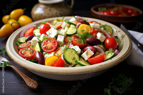 Greek salad, artistically arranged in a bowl atop a rustic wooden tabletop. Ai generated