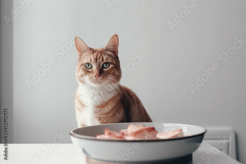 Cat sitting in front of bowl with raw meat food.  photo
