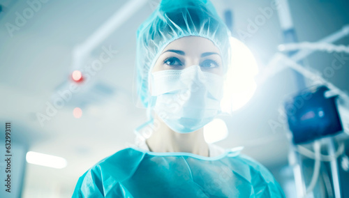 Portrait of woman doctor weaing protective suit during coronavirus pandemic, . Hazard suit, respiratory mask, gloves and glasses clinic or hospital. Generated with AI