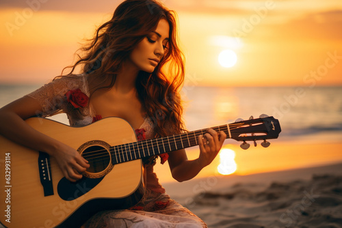 Illustration capturing the ethereal beauty of a young girl serenading the ocean waves with her acoustic guitar as the sun gracefully dips below the horizon. Ai generated