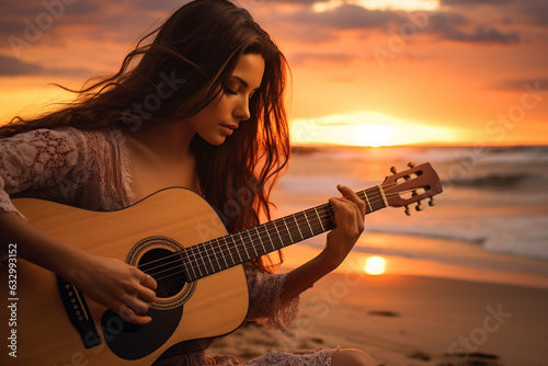 Illustration capturing the ethereal beauty of a young girl serenading the ocean waves with her acoustic guitar as the sun gracefully dips below the horizon. Ai generated