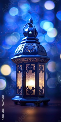 The theme of Eid-al-Adha, the Feast of Sacrifice. Image of an Arabic lantern. Place for text. Generative AI