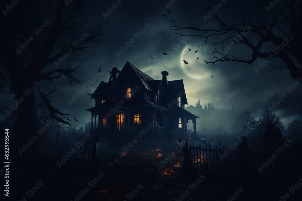 Illustration capturing the ominous atmosphere of a decrepit and haunted mansion, shrouded in darkness and mystery. Ai generated