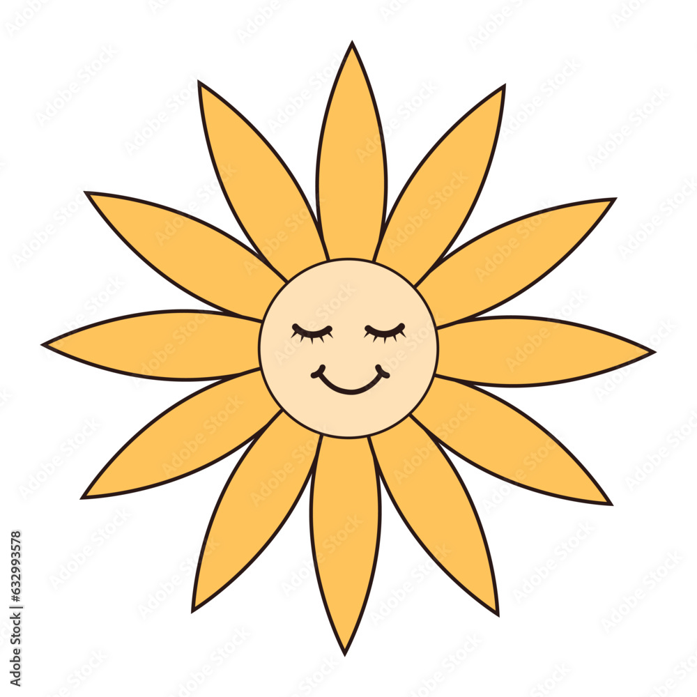 Fototapeta premium Retro groovy daisy flower character. Linear color vector illustration