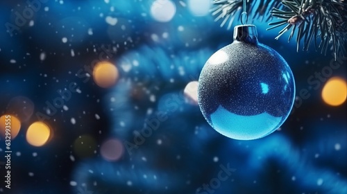 Illustration of a blue ornament hanging from a Christmas tree