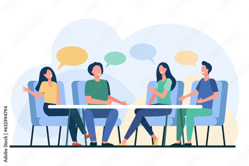 People engaged in group discussion vector illustration. Team of friends ...