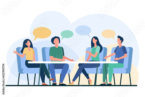 People engaged in group discussion vector illustration. Team of friends or colleagues sharing ideas, collaborating, listening to each other. Social skills, effective communication concept