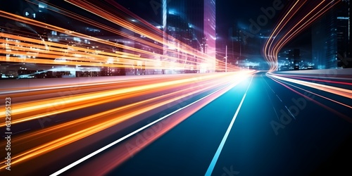 Car motion trails. Speed light streaks background with blurred fast moving light effect. Racing cars dynamic flash effects city road with long exposure night lights by ai generative