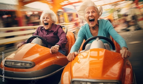 Joyful elderly woman riding in an amusement park