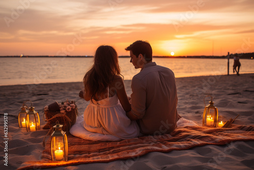 Romantic couple immersed in a picturesque sunset picnic. They share delectable treats and tender moments, Ai generated