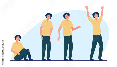 Journey from negative to positive emotions vector illustration. Sad man sitting on floor, getting up, finding hope and becoming happy. Emotional journey, personal growth, resilience concept