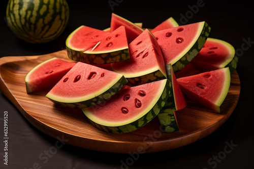 Refreshing watermelon slices. The vibrant colors, succulent texture, and mouthwatering appeal of the fruit create a scene that embodies the pure joy of indulging in nature's sweet gift. Ai generated