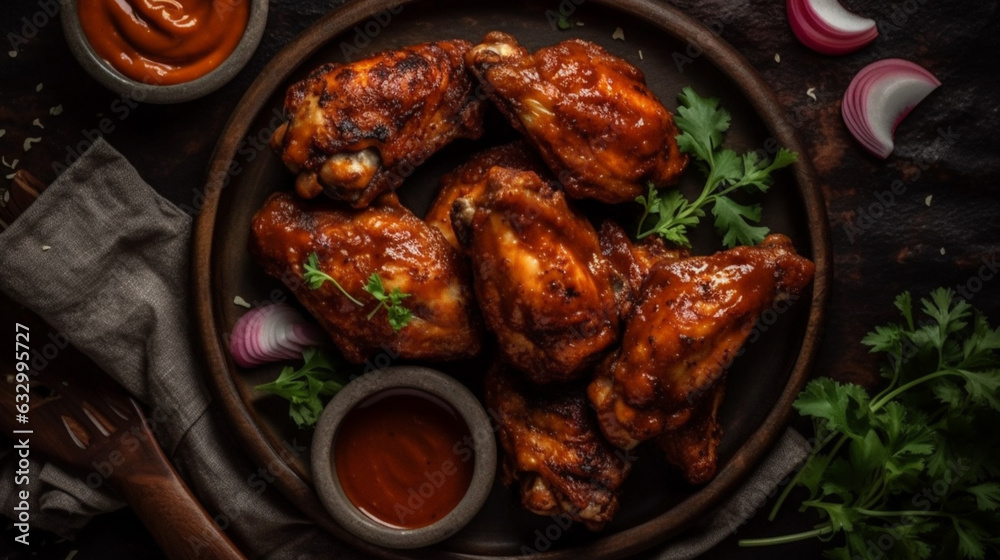 overhead view of BBQ chicken wings with sauce for dip. Generative AI