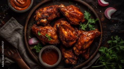 overhead view of BBQ chicken wings with sauce for dip. Generative AI