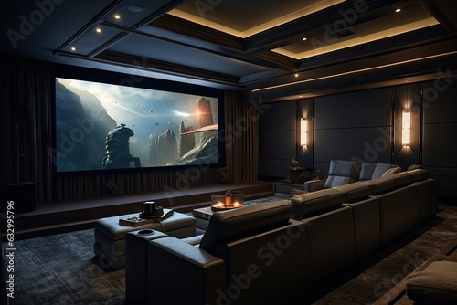 A home entertainment system with dim lighting, grey furniture, a spacious projection screen, and the option to enjoy popcorn.
