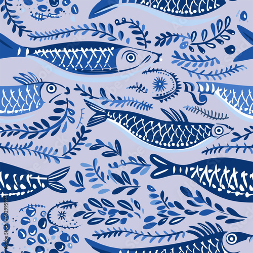 Swimming fish underwater beautiful seamless pattern. Vector illustration in retro style. © Farid