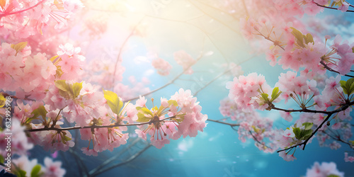 Pink Cherry tree sakura blossom in bright sunshine. Beautiful light red flower a lot, background texture full frame, spring time  © Farhan