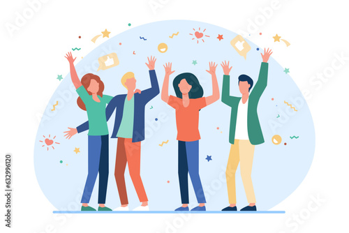 Group of friends celebrating success vector illustration. Large team cheering and having fun at party or anniversary with confetti falling. Friendship, celebration, reunion, support concept