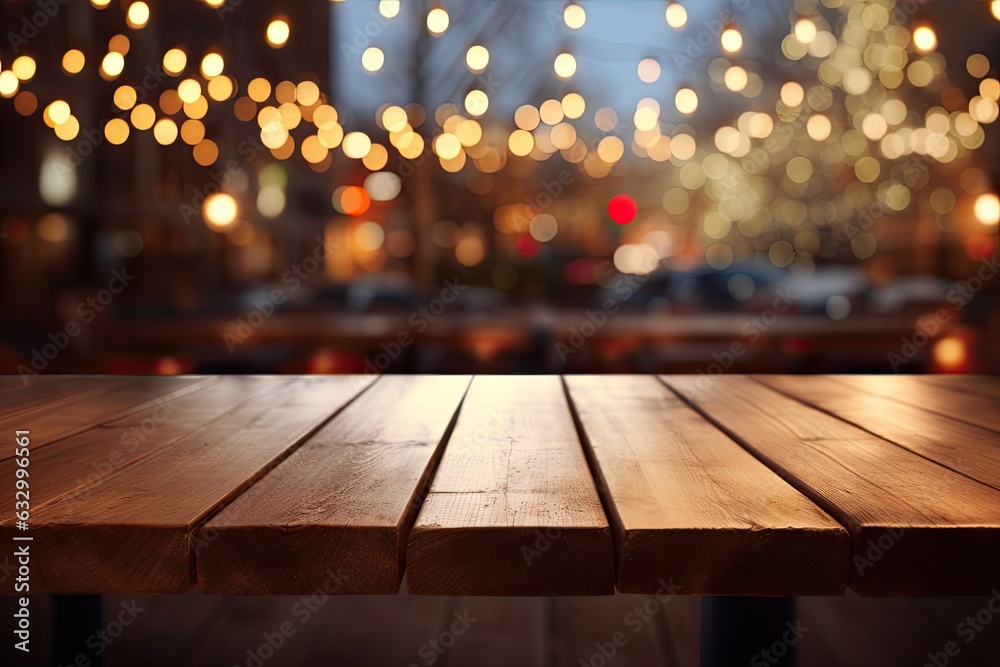 The background of the restaurant is blurred, showcasing a wooden table that is unoccupied, while bokeh lights adorn the top.