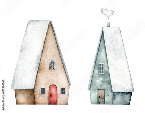 Winter set of cute houses with doors, windows, chimney, with snow on the roof. Hand painted watercolor design for Christmas card, souvenirs, winter poster, happy new year, sticker