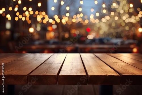 The background of the restaurant is blurred, showcasing a wooden table that is unoccupied, while bokeh lights adorn the top.