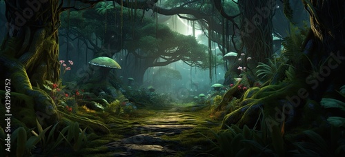 Enchanted summer forest path with mystical fog  vibrant green foliage  and magical light. Mysterious woods. Concept of nature and fantasy.